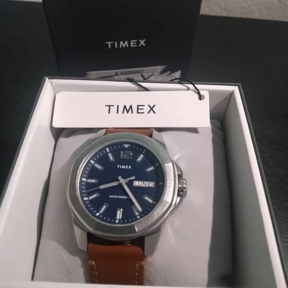 Timex Blue Dial Silver Case Watch with Brown Strap